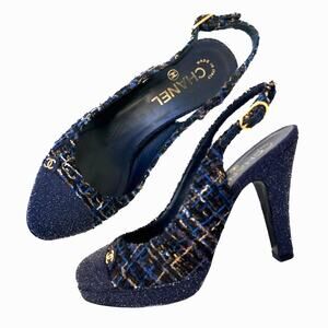 CHANEL CC Logo Navy Purple Tweed Cap Toe Slingback Pumps IT 37